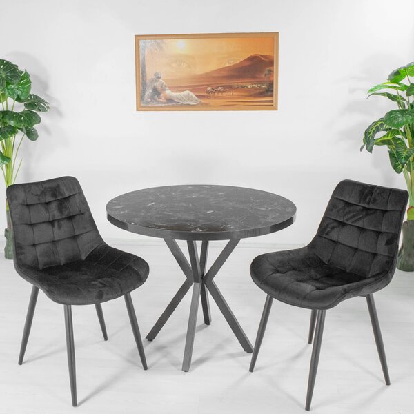 Set masa Hamburg Black Marble cu 2 scaune Osaka negru, DENVER, picioare metalice negre, forma rotunda, 90x73 cm