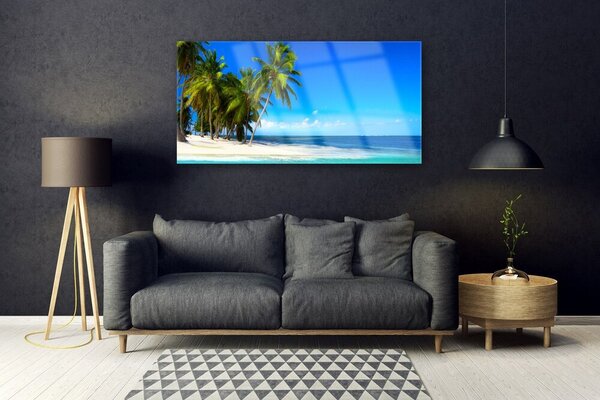 Tablou pe sticla Palm Trees Sea Beach Peisaj Alb Verde Albastru