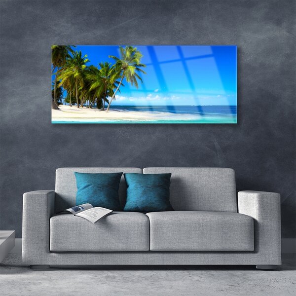 Tablou pe sticla Palm Trees Sea Beach Peisaj Alb Verde Albastru