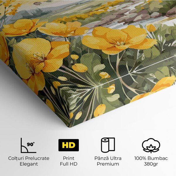 Tablou Canvas, 40x80cm, Dormitor si Living, Flori, Flori in natura, Vector_nature_landscape_with_beautiful_yellow_flowers_watercolor