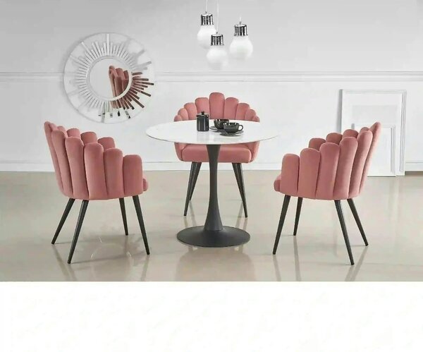 Scaun modern tapitat K410, roz/negru, stofa catifelat/metal, 65x62x85