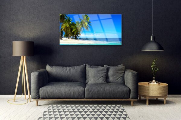 Tablou pe sticla Palm Trees Sea Beach Peisaj Alb Verde Albastru