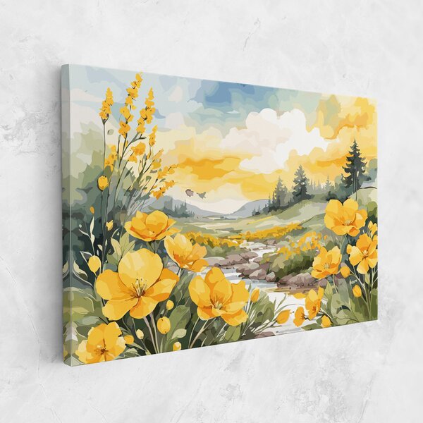 Tablou Canvas, 20x30cm, Dormitor si Living, Flori, Flori in natura, Vector_nature_landscape_with_beautiful_yellow_flowers_watercolor