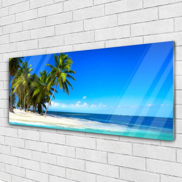 Tablou pe sticla Palm Trees Sea Beach Peisaj Alb Verde Albastru