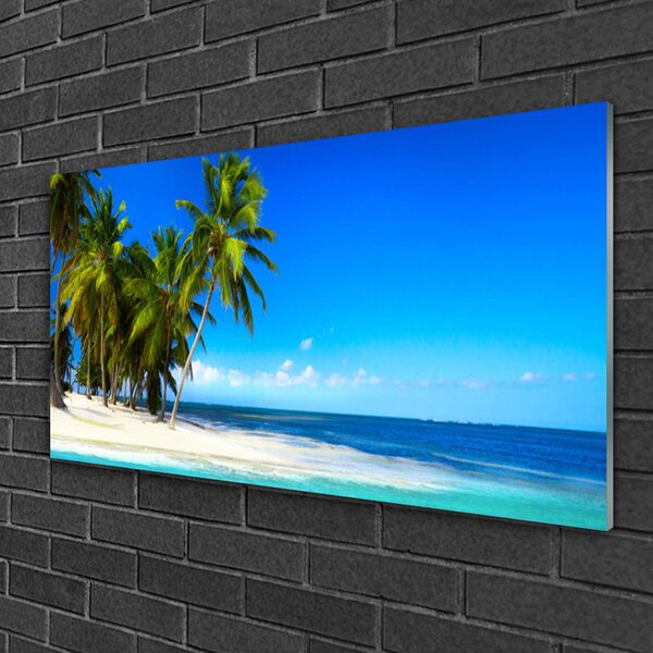 Tablou pe sticla Palm Trees Sea Beach Peisaj Alb Verde Albastru