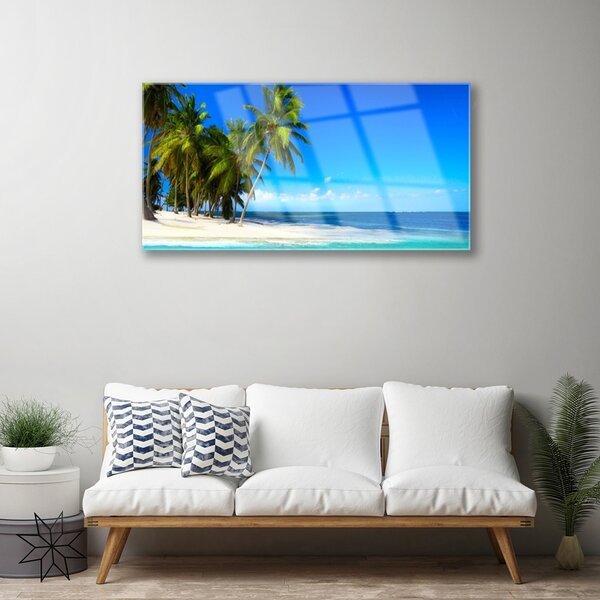 Tablou pe sticla Palm Trees Sea Beach Peisaj Alb Verde Albastru