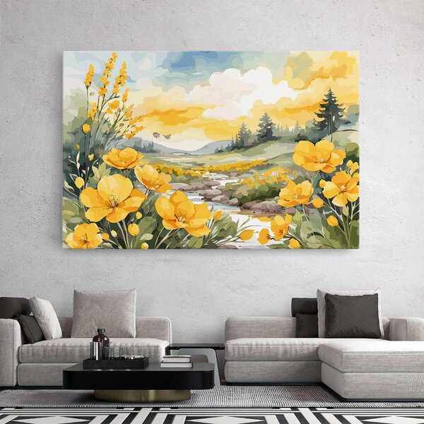 Tablou Canvas, 20x30cm, Dormitor si Living, Flori, Flori in natura, Vector_nature_landscape_with_beautiful_yellow_flowers_watercolor
