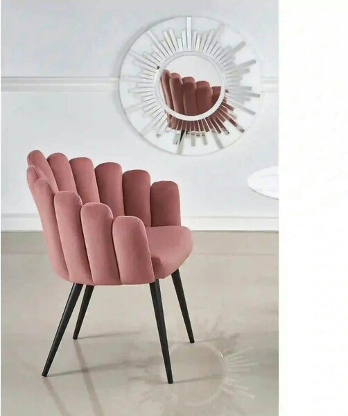 Scaun modern tapitat K410, roz/negru, stofa catifelat/metal, 65x62x85