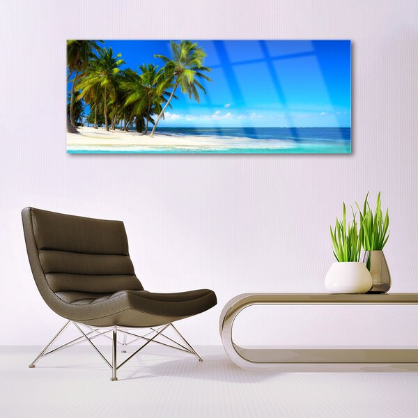 Tablou pe sticla Palm Trees Sea Beach Peisaj Alb Verde Albastru