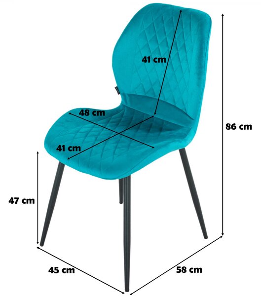 Scaun Goteborg, DENVER, catifea turcoaz, picioare metalice negre, 48x58x86 cm