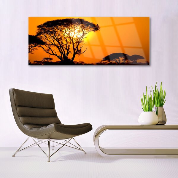 Tablou pe sticla Copaci Sun Natura Negru Galben