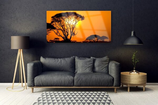 Tablou pe sticla Copaci Sun Natura Negru Galben