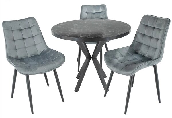 Set masa Hamburg Black Marble cu 3 scaune Osaka gri, DENVER, picioare metalice negre, forma rotunda, 90x73 cm