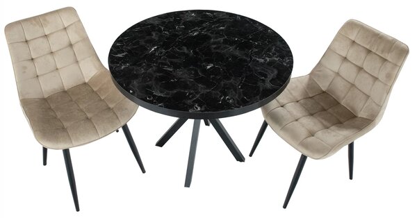Set masa Hamburg Black Marble cu 2 scaune Osaka bej, DENVER, picioare metalice negre, forma rotunda, 90x73 cm