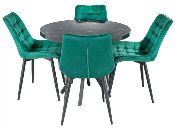 Set masa Hamburg Black Marble cu 4 scaune Osaka Verde, picioare metalice negre, forma rotunda, 90x73 cm