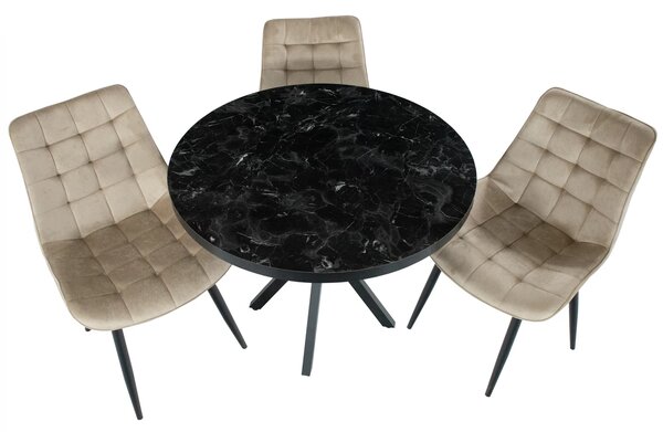 Set masa Hamburg Black Marble cu 3 scaune Osaka bej, DENVER, picioare metalice negre, forma rotunda, 90x73 cm