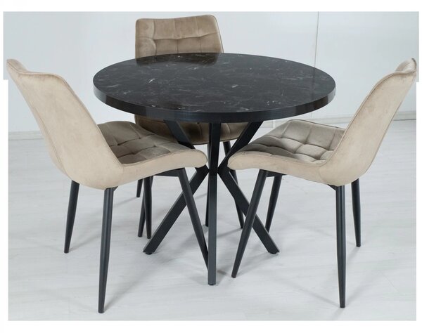 Set masa Hamburg Black Marble cu 3 scaune Osaka bej, DENVER, picioare metalice negre, forma rotunda, 90x73 cm