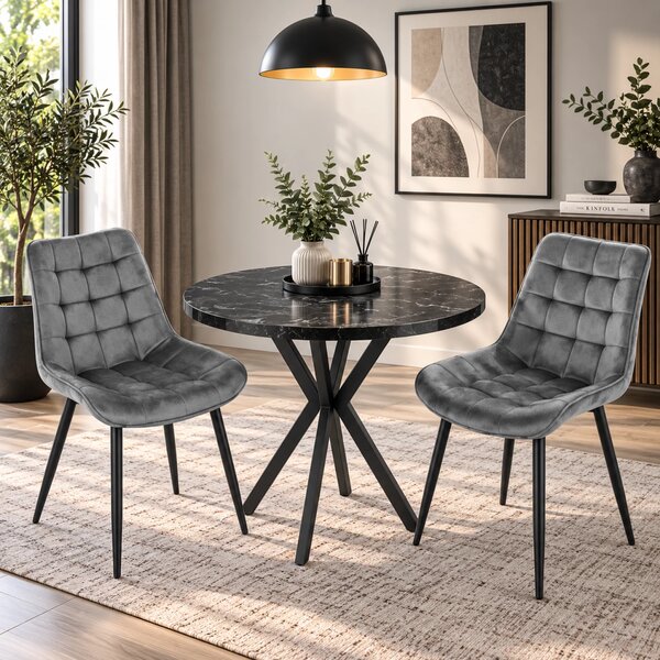Set masa Hamburg Black Marble cu 2 scaune Osaka gri, DENVER, picioare metalice negre, forma rotunda, 90x73 cm