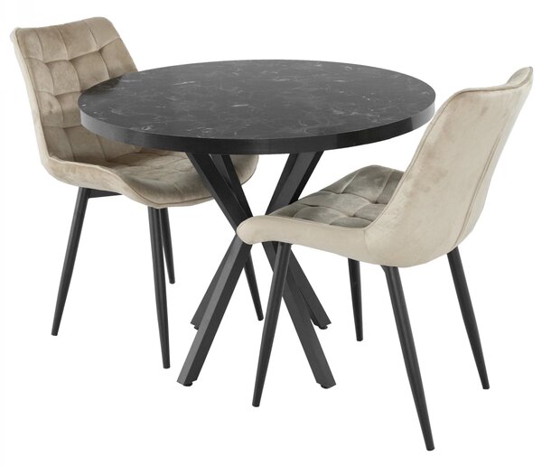 Set masa Hamburg Black Marble cu 2 scaune Osaka bej, DENVER, picioare metalice negre, forma rotunda, 90x73 cm