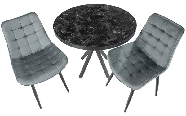 Set masa Hamburg Black Marble cu 2 scaune Osaka gri, DENVER, picioare metalice negre, forma rotunda, 90x73 cm