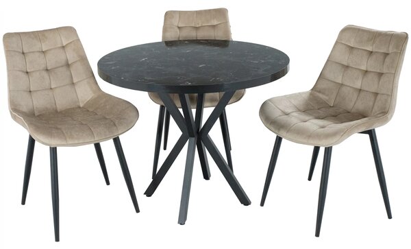 Set masa Hamburg Black Marble cu 3 scaune Osaka bej, DENVER, picioare metalice negre, forma rotunda, 90x73 cm