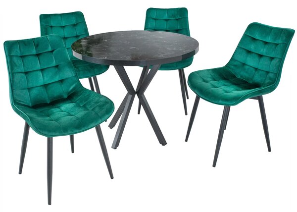 Set masa Hamburg Black Marble cu 4 scaune Osaka Verde, picioare metalice negre, forma rotunda, 90x73 cm
