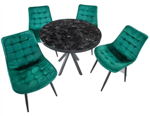 Set masa Hamburg Black Marble cu 4 scaune Osaka Verde, picioare metalice negre, forma rotunda, 90x73 cm