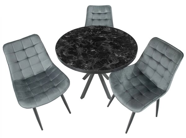 Set masa Hamburg Black Marble cu 3 scaune Osaka gri, DENVER, picioare metalice negre, forma rotunda, 90x73 cm