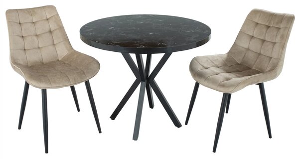 Set masa Hamburg Black Marble cu 2 scaune Osaka bej, DENVER, picioare metalice negre, forma rotunda, 90x73 cm