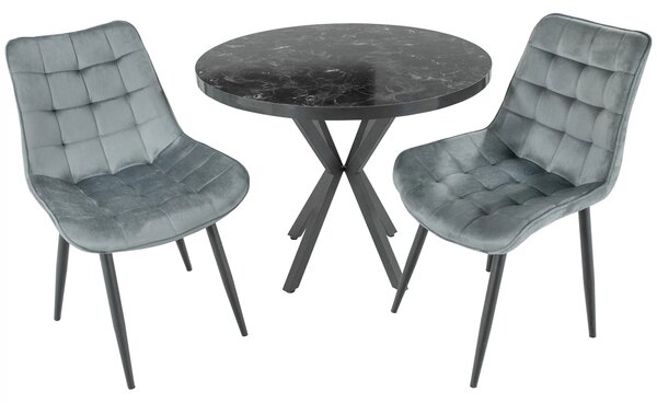 Set masa Hamburg Black Marble cu 2 scaune Osaka gri, DENVER, picioare metalice negre, forma rotunda, 90x73 cm