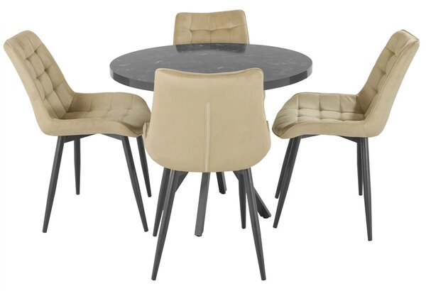 Set masa Hamburg Black Marble cu 4 scaune Osaka Bej, DENVER, picioare metalice negre, forma rotunda, 90x73 cm