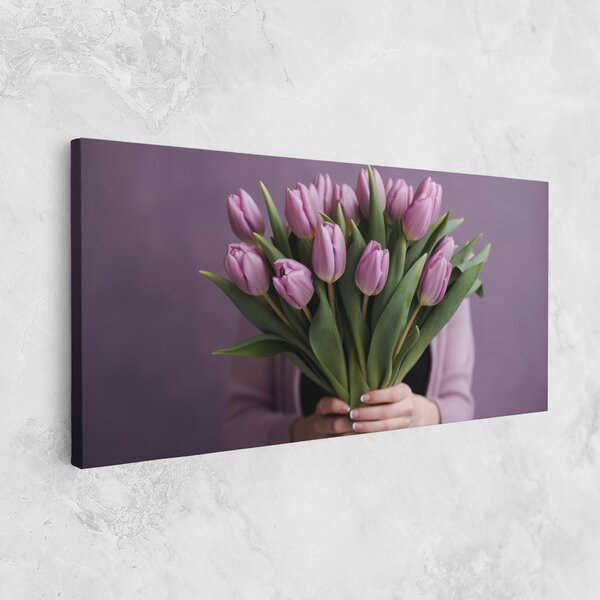 Tablou Canvas, 40x80cm, Dormitor si Living, Flori, Lalele, Holding Pink Tulips