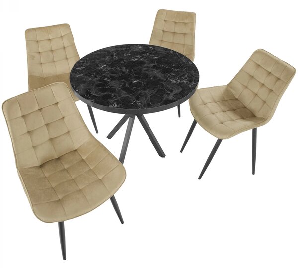 Set masa Hamburg Black Marble cu 4 scaune Osaka Bej, DENVER, picioare metalice negre, forma rotunda, 90x73 cm