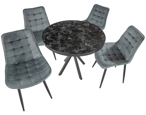 Set masa Hamburg Black Marble cu 4 scaune Osaka Gri, DENVER, picioare metalice negre, forma rotunda, 90x73 cm