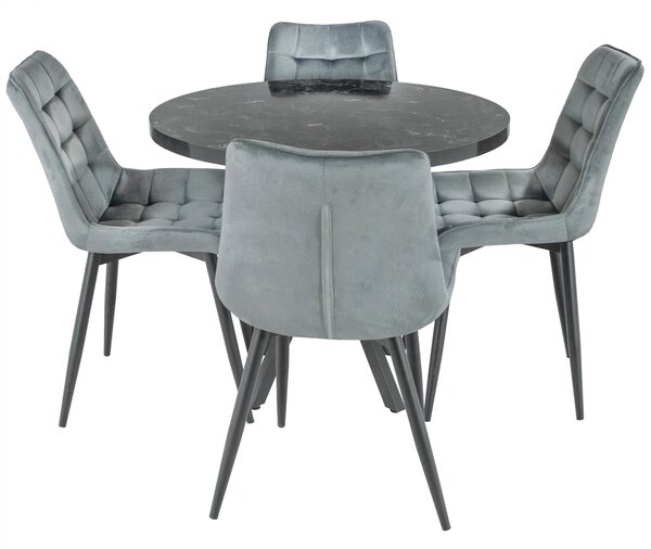 Set masa Hamburg Black Marble cu 4 scaune Osaka Gri, DENVER, picioare metalice negre, forma rotunda, 90x73 cm