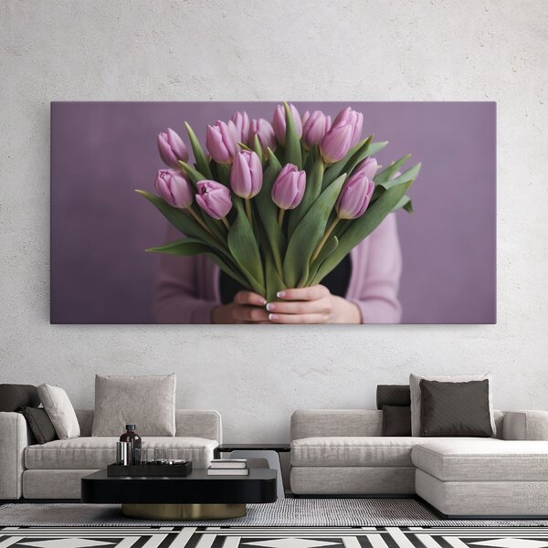 Tablou Canvas, 40x80cm, Dormitor si Living, Flori, Lalele, Holding Pink Tulips