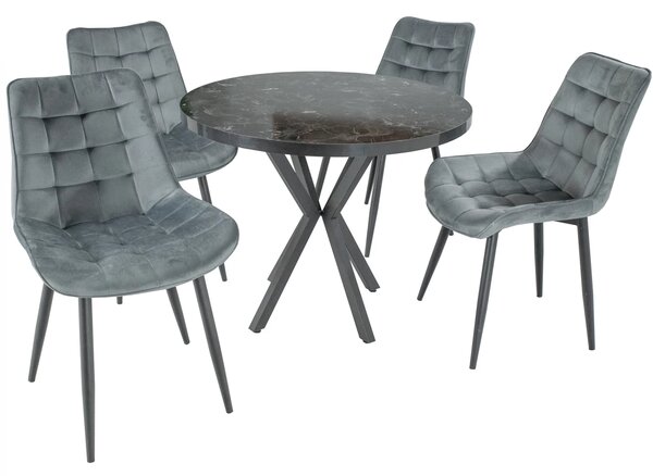 Set masa Hamburg Black Marble cu 4 scaune Osaka Gri, DENVER, picioare metalice negre, forma rotunda, 90x73 cm