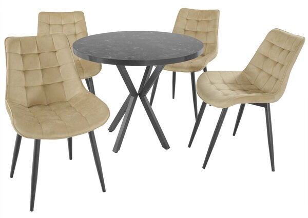Set masa Hamburg Black Marble cu 4 scaune Osaka Bej, DENVER, picioare metalice negre, forma rotunda, 90x73 cm