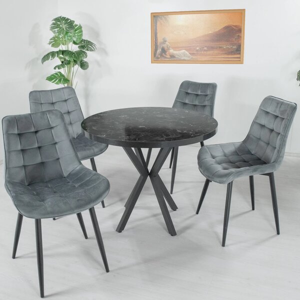 Set masa Hamburg Black Marble cu 4 scaune Osaka Gri, DENVER, picioare metalice negre, forma rotunda, 90x73 cm