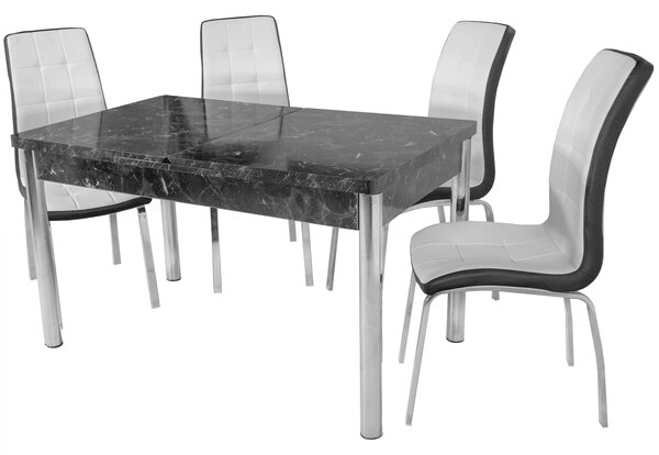 Set masa extensibila Napoli Black Marble cu 4 scaune Rimini alb cu negru, DENVER, picioare crom, 130x80x76 cm