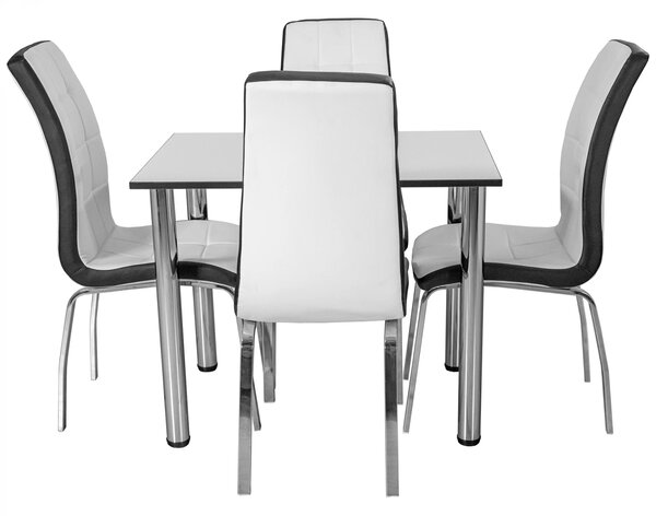 Set masa cu 4 scaune Rimini alb cu negru, DENVER, blat pal alb, cant abs negru, forma dreptunghiulara, 90x64x73 cm