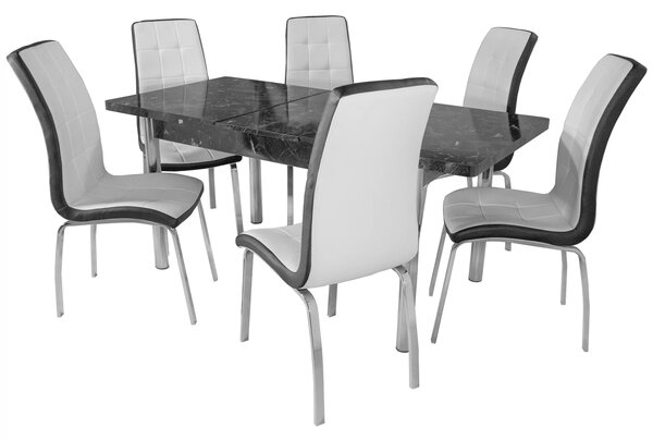 Set masa extensibila Napoli Black Marble cu 6 scaune Rimini alb cu negru, DENVER, picioare crom, 130x80x76 cm