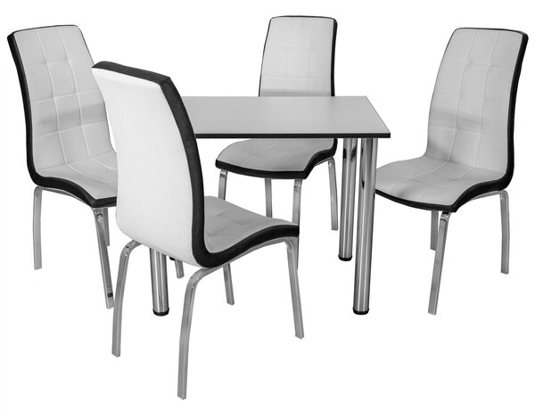 Set masa cu 4 scaune Rimini alb cu negru, DENVER, blat pal alb, cant abs negru, forma dreptunghiulara, 90x64x73 cm