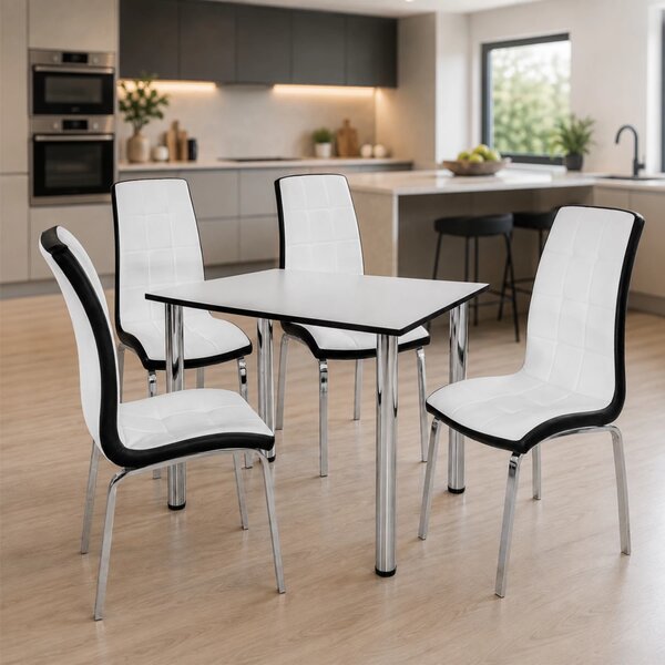Set masa cu 4 scaune Rimini alb cu negru, DENVER, blat pal alb, cant abs negru, forma dreptunghiulara, 90x64x73 cm