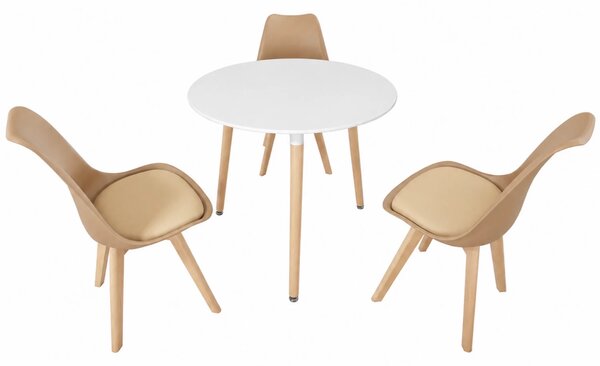 Set masa Salzburg alba cu 3 scaune Stockholm cappuccino, DENVER, blat MDF alb, forma rotunda, 80x74 cm