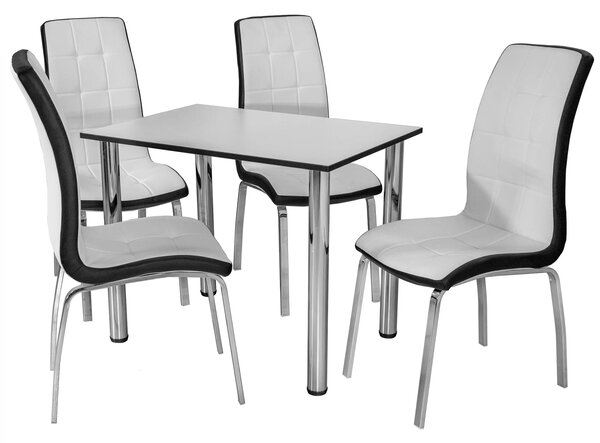Set masa cu 4 scaune Rimini alb cu negru, DENVER, blat pal alb, cant abs negru, forma dreptunghiulara, 90x64x73 cm