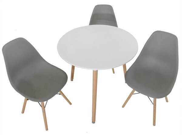 Set masa Salzburg alba cu 3 scaune Malmo gri, DENVER, blat MDF alb, forma rotunda, 80x74 cm
