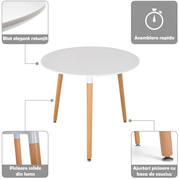 Set masa Salzburg alba cu 3 scaune Oslo, alb, DENVER, blat MDF alb, forma rotunda, 80x74 cm