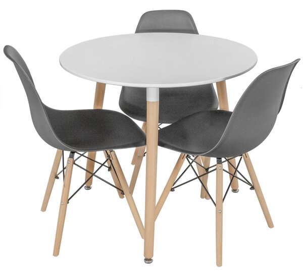 Set masa Salzburg alba cu 3 scaune Malmo negru, DENVER, blat MDF alb, forma rotunda, 80x74 cm