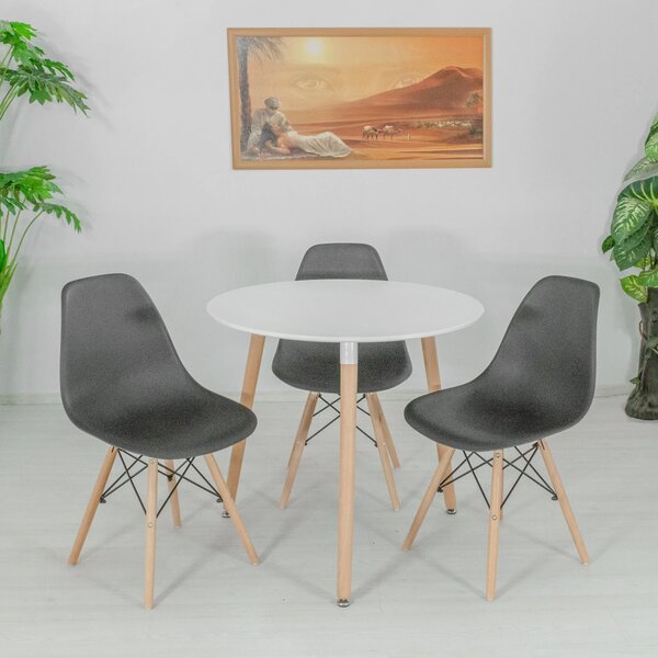 Set masa Salzburg alba cu 3 scaune Malmo negru, DENVER, blat MDF alb, forma rotunda, 80x74 cm
